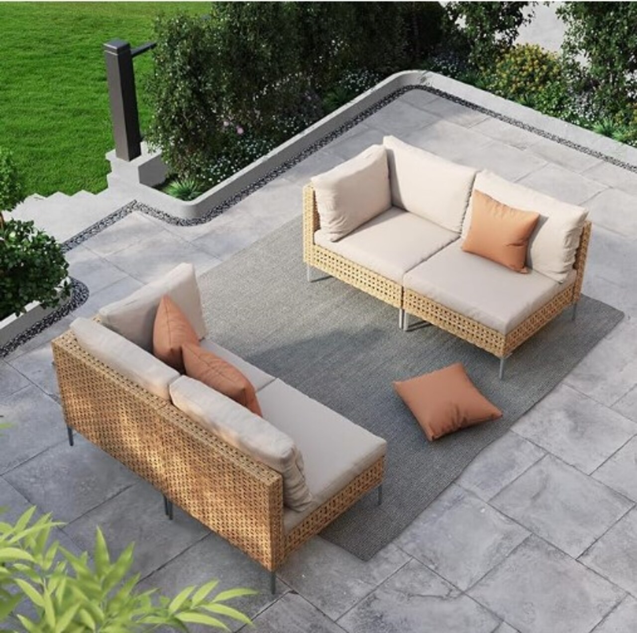 4-Piece Wicker Patio Furniture Set, All-Weather Outdoor Sectional Sofa with Water Resistant Beige Thick Cushions (Coffee Table Not Included)